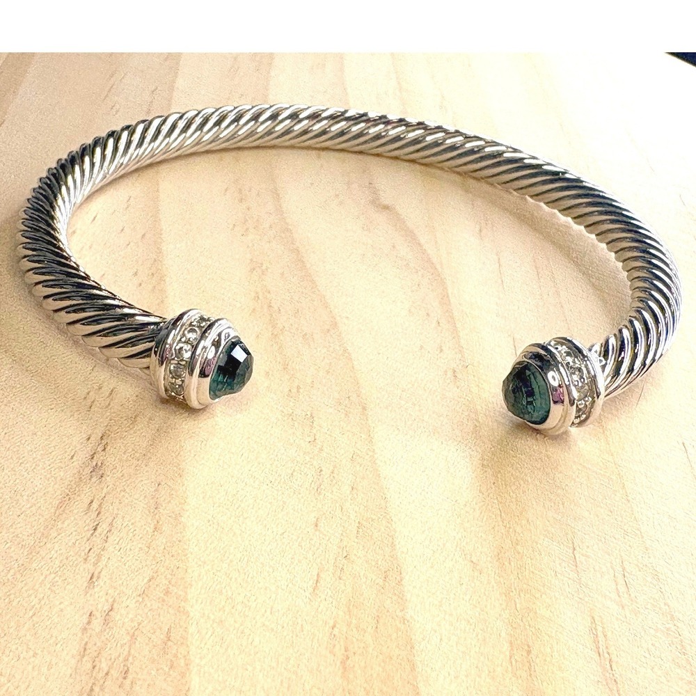 Cable Cuff silver and gold tone Blue glass Cable Cuff Bracelet